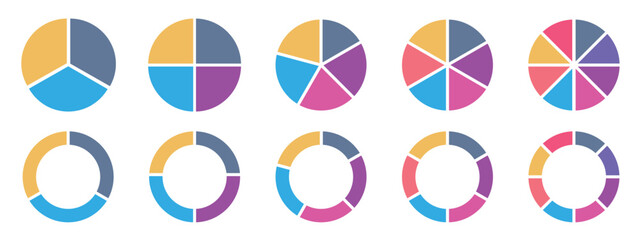 Pie chart color icons. Pie chart sign. Circle section graph. Wheel round diagram parts. pie charts data, pie charts infographic, pie chart bar graphs. Charts diagram segment infographic. © Vectstocker