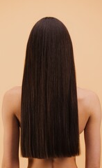 Fototapeta premium Woman showing her long, straight and shiny brown hair on beige background.