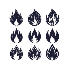 Collection of fire icons. Flame fire symbols. Conceptual fire flame icons. Bonfire silhouette logo. Set of flat-style flame symbols.