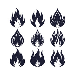 Collection of fire icons. Flame fire symbols. Conceptual fire flame icons. Bonfire silhouette logo. Set of flat-style flame symbols.