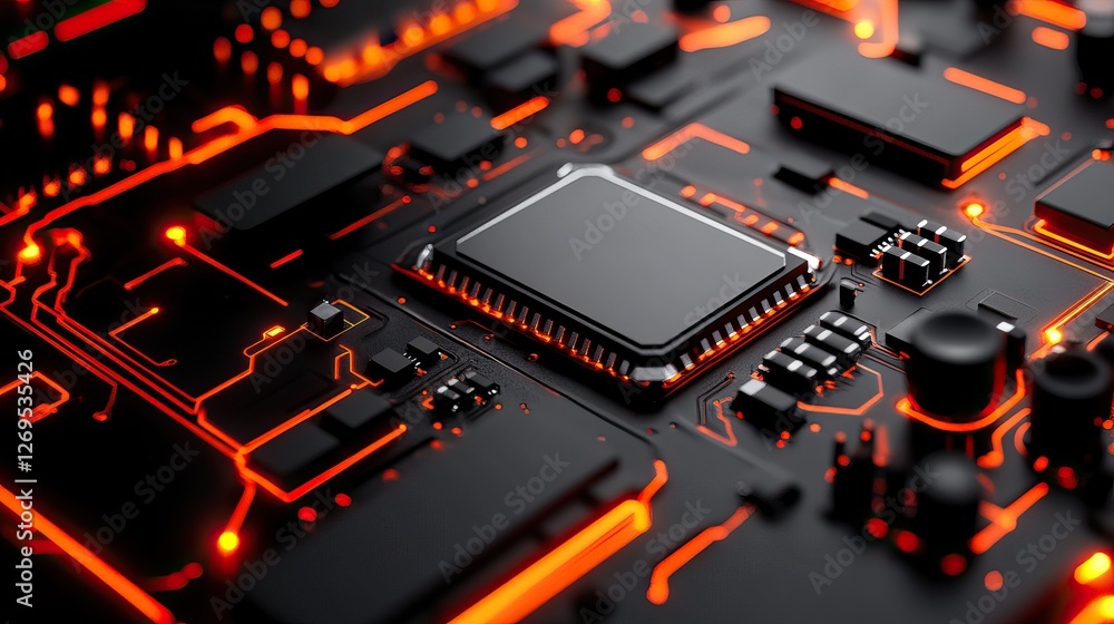 Poster a close-up view of a circuit board featuring a central processing unit (cpu) with glowing orange lin