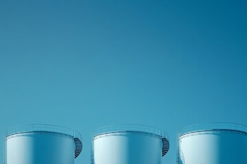 Three large blue tanks are on a blue sky background