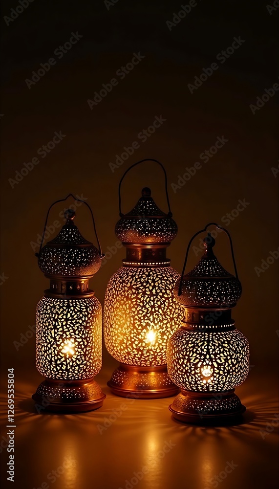Poster generative ai, ornate lanterns cast warm light in a dark space creating a captivating ambiance