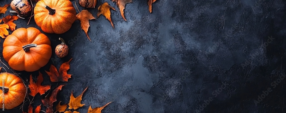 Aufkleber autumn composition with pumpkins and colorful maple leaves on a textured dark background