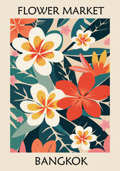 Flower Market Bangkok abstract botanical poster in mid century modern retro style with exotic plumeria flowers and tropical leaves. Flat colorful vector illustration