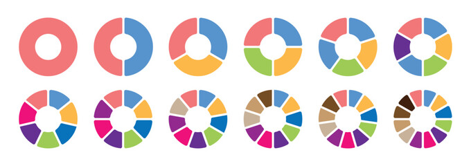 Pie charts diagram set. Circle pie charts 1,2,3,4,5,6,7,8,9,10,11,12 sections. Wheel round segment infographic part.