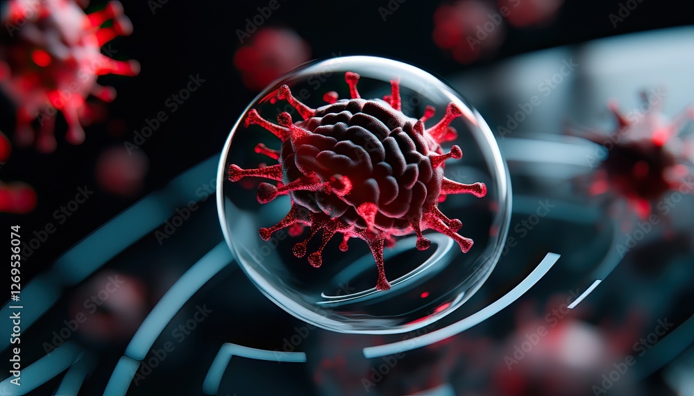 Poster a detailed representation of a virus surrounded by a transparent sphere, showcasing its structure wi
