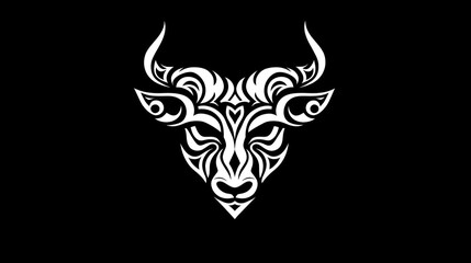 Tribal Bull Head Art White Ornate Tattoo Design on Plain Backdrop For Symbol, Logo, or Decoration Use