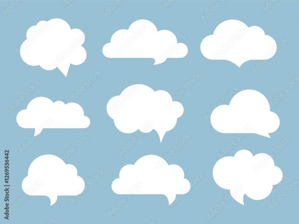 Poster set of fluffy speech bubble clouds isolated. talk balloon simple silhouette. text frame for chatting