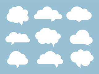 Set of fluffy speech bubble clouds isolated. Talk balloon simple silhouette. Text frame for chatting conversation. Message cloud icon collection