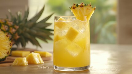 Glass of tasty pineapple cocktail on table, closeup. Space for text