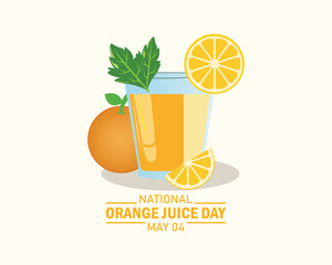 National orange Juice Day vector illustration. Glass of orange juice with orange and mint leaf icon. Glass with fresh ice summer drink vector. 