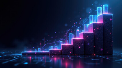 Financial growth with a stairway to success in a high-tech setting, featuring steps, graphs, and digital lights.