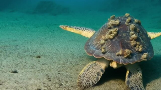 sea turtle on the beach with bernacle