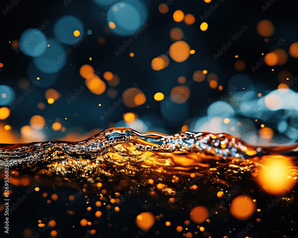 Poster a dynamic close-up of shimmering water with orange and blue bokeh, capturing the interplay of light 