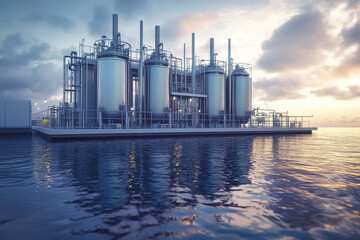 Fototapeta premium Innovative water desalination plant by the ocean, showcasing sustainable solutions and natural beauty in a photorealistic style