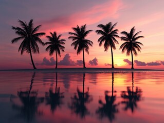 Fototapeta premium Serene sunset with palm trees reflected on water.