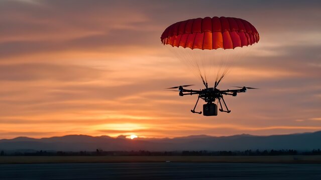 A drone equipped with a parachute flying against a beautiful sunset backdrop. Concept Drone Photography, Sunset Backdrop, Aerial View, Parachute Design, Scenic Landscapes