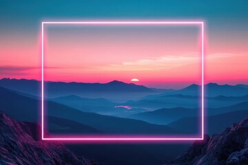 Neon Sunset Landscape: A vibrant pink and blue sunset over a mountain range, framed by a glowing neon pink square, creating a surreal and dreamy atmosphere.