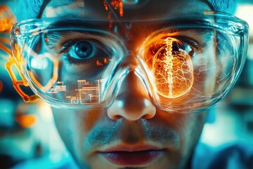 A futuristic surgeon uses augmented reality glasses to visualize a patient's spine during a complex operation.