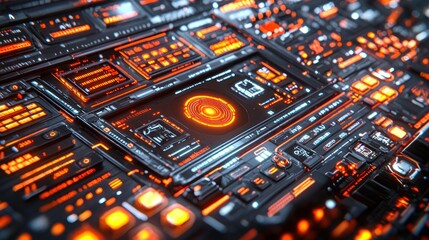 Futuristic interface, data processing, digital display, orange glow, technology background, for tech websites