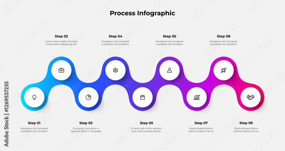 Poster Modern infographic showcasing a 9 steps process ideal for business presentations and workflow documentation, emphasizes clear communication and visual appeal