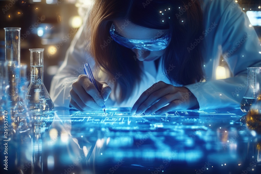 Poster a female scientist meticulously records data on a futuristic, glowing interface in a high-tech labor