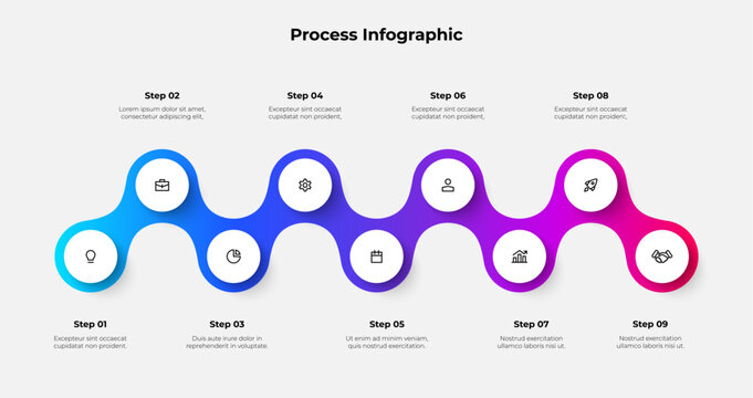 Modern infographic showcasing a 9 steps process ideal for business presentations and workflow documentation, emphasizes clear communication and visual appeal