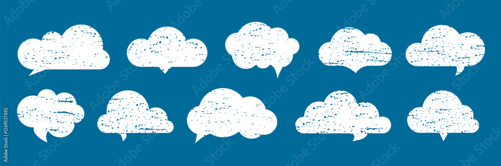 Poster set of cloud speech bubbles with grunge texture. scratched clouds shapes. scribble text balloon coll