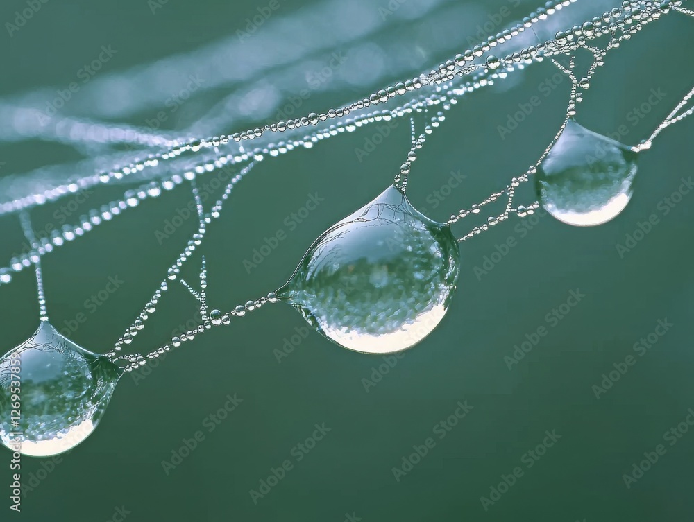 Poster water droplets clinging to spider web nature macro tranquil environment close-up view