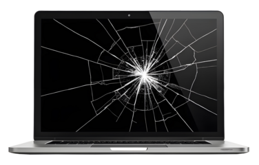 Broken black display screen on laptop notebook computer. Shattered glass, destroyed and cracked technology device repair and fix service, damaged portable desktop, crash, wrack, destruction on white b