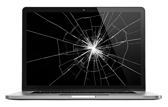 Broken black display screen on laptop notebook computer. Shattered glass, destroyed and cracked technology device repair and fix service, damaged portable desktop, crash, wrack, destruction on white b