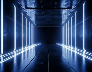 Sci Fi Modern Alien Neon Laser Blue Pillars Lights Spaceship Concrete Cement Floor Warehouse Way Entrance Tunnel Corridor Futuristic Glowing Led Studio Showcase Stage 3D Rendering.