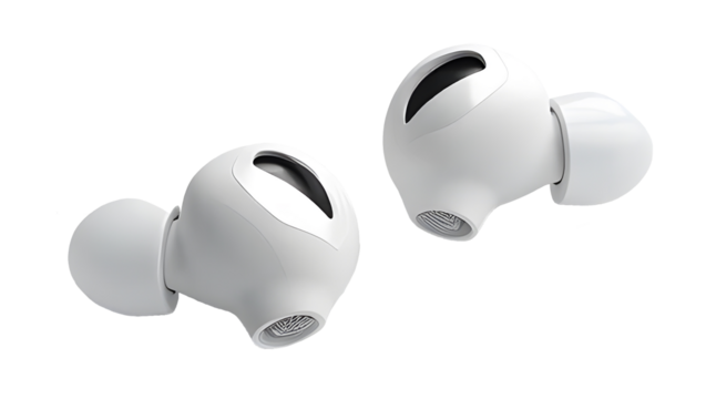 Isolated earphones for music: sound device and audio equipment, stereo gadget to listen with, technological headphones wired for digital audio experience, white background 
