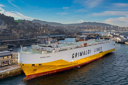 Vigo, Spain - 14 January 2025: Vehicle carrier ship Grande Napoli docked in the port of Vigo. The car transporter is operated by Grimaldi Lines.