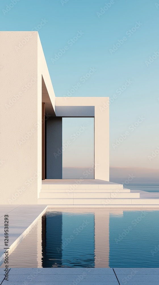 Poster modern architecture with a pool and clear blue sky.