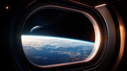 Breathtaking view of earth and moon from spacecraft window.