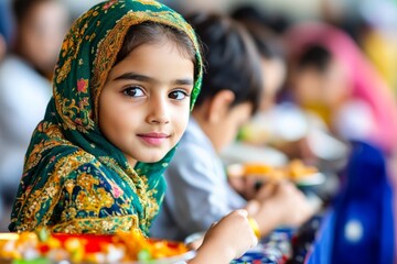 Fototapeta premium Young Girl in Colorful Headscarf at a Cultural Event Celebration