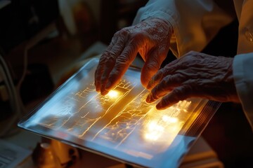 Elderly person's hands gently examining illuminated medical X-rays, revealing details of bone structure and possible medical conditions.