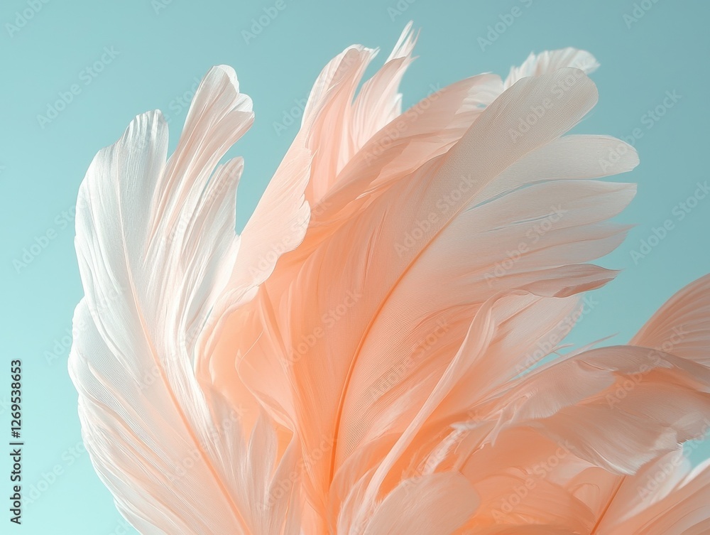Poster elegant feather display studio setting soft pastel background close-up artistic aesthetics