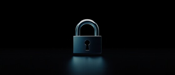 Padlock Security: A close-up, 3D rendering of a silver padlock, illuminated by a soft blue light, standing on a dark background, symbolizing safety and security.  