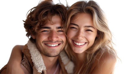 Fototapeta premium Happy Couple Romantic Love Portrait, Joyful Smiles for Intimate Themes, isolated on transparent background.