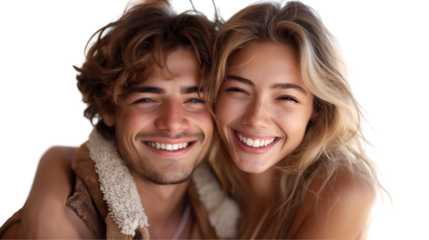 Happy Couple Romantic Love Portrait, Joyful Smiles for Intimate Themes, isolated on transparent background.