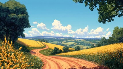 Winding road through sunny yellow fields, idyllic countryside landscape, perfect for travel posters