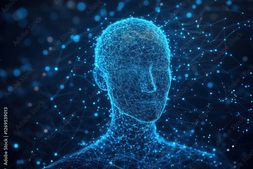 Poster a digital visualization of a human head and upper body, consisting of many interconnected dots and l