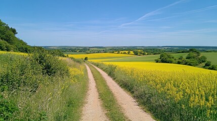 Obraz premium Rural Dirt Road Through Yellow Rapeseed Fields