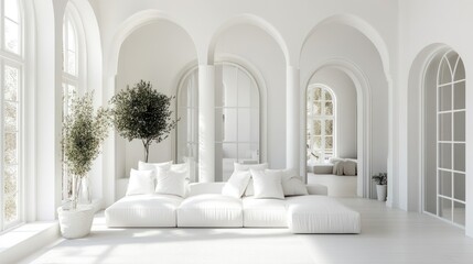 White minimalist living room, arched windows, sunlight, plants, serenity, interior design