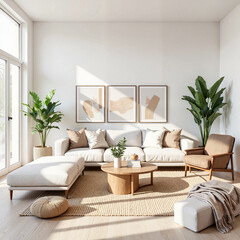 Modern minimalist living room with natural light, serene comfort