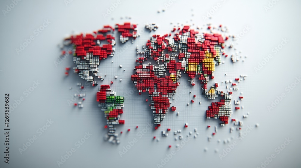 Poster world map constructed from colorful legos representing global communication in minimalist style