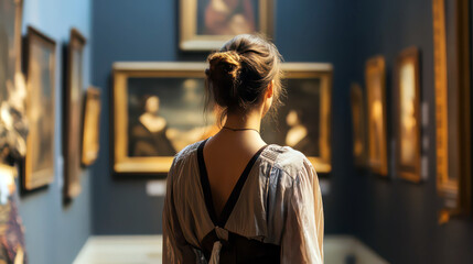 Woman observing art in a gallery on International museum day. Woman in a museum standing in front of a painting. Back view